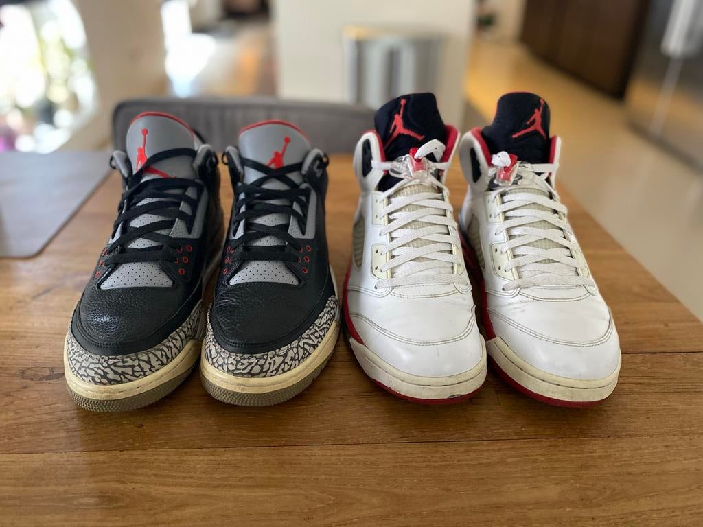 Jordan Retro OG 5 Fire Red (‘13) & 3 Black Cement (‘18) 47,5, Ophalen, Overige kleuren, Sneakers of Gympen, Gedragen