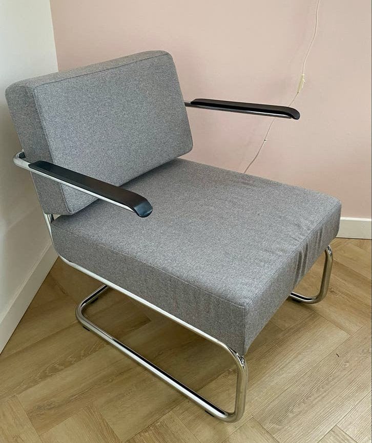 Sledefauteuil - zgan met chromen buisframe, Huis en Inrichting, Fauteuils, Ophalen, Minder dan 75 cm, Zo goed als nieuw, Stof