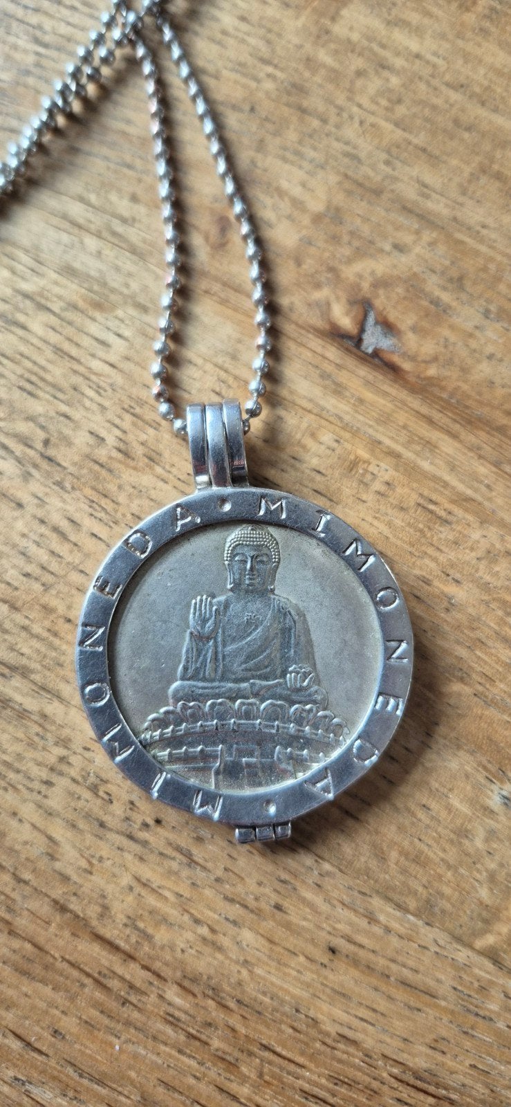 zilveren Mi Moneda ketting met hanger met Boeddha munt, Ophalen of Verzenden, Zo goed als nieuw, Zilver, Zilver