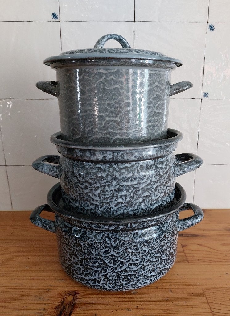 Pannenset/pannen, emaille, grijs gewolkt, Ophalen