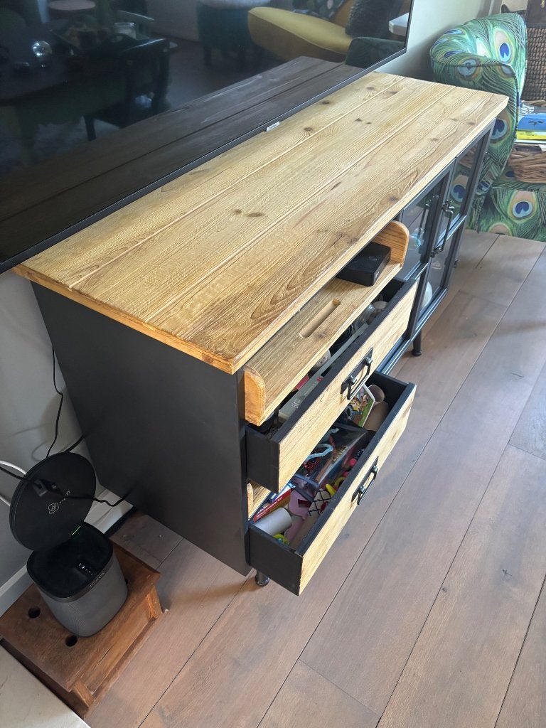 Prachtig houten kastje voor tv en andere apparatuur, Landelijke industriële stijl, Zo goed als nieuw, 25 tot 50 cm, Ophalen