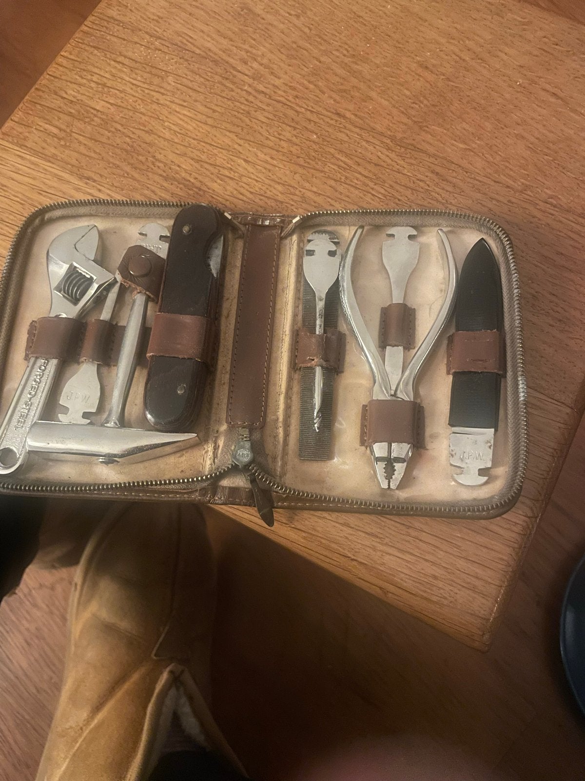 Vintage gereedschapset in leren etui, Antiek en Kunst, Ophalen of Verzenden