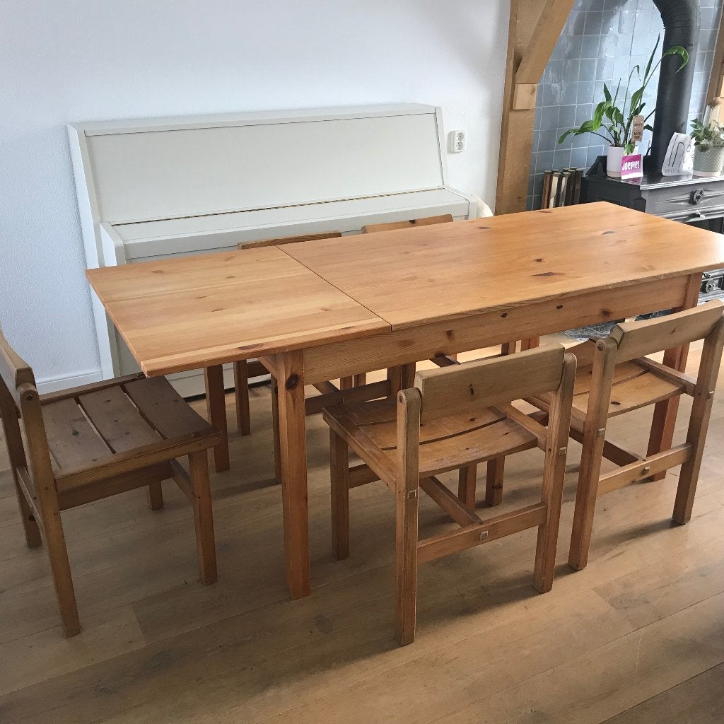 Set 5 Edvin Helseth Stange Bruk Bruksbo stoel tafel vintage, Ophalen, Gebruikt, Bruin, Nvt