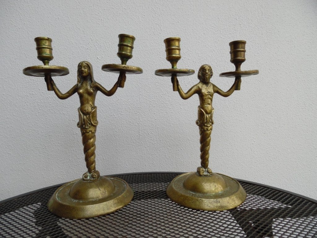 Set bronzen messing kandelaars “zeemeermin en zeemeerman”., Ophalen of Verzenden, Koper of Brons