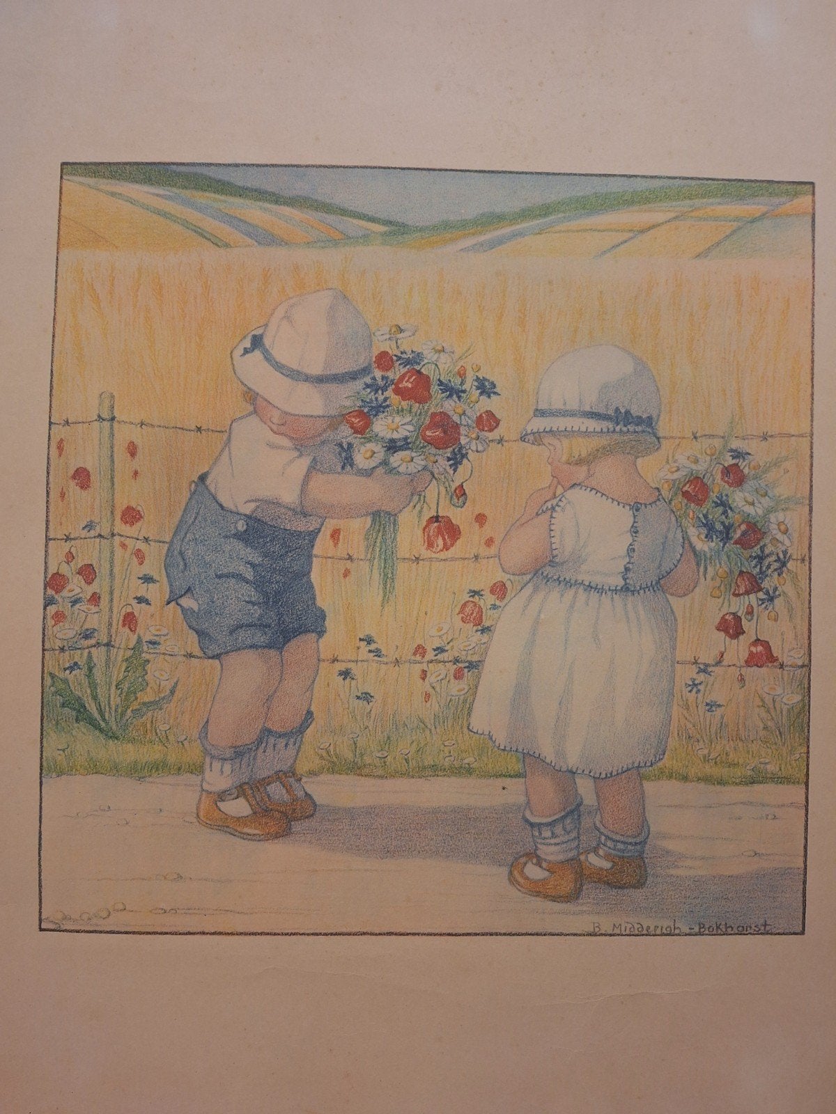 Lithografie: Kinderen klaprozen - B. Midderigh-Bokhorst, Gesigneerd, Ophalen of Verzenden, Portret en Figuren, Lithografie