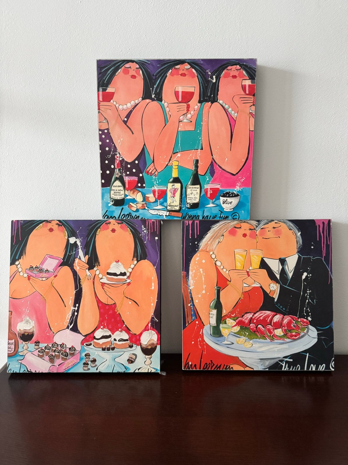 Set van 3 vrolijke schilderijen van Yvonne Leeuwen, Antiek en Kunst, Kunst | Schilderijen | Klassiek, Ophalen, Overige stijlen