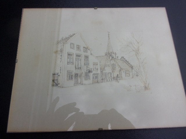 kerk en winkels schets, Ophalen of Verzenden, Gebruikt, Minder dan 50 cm, Schilderij