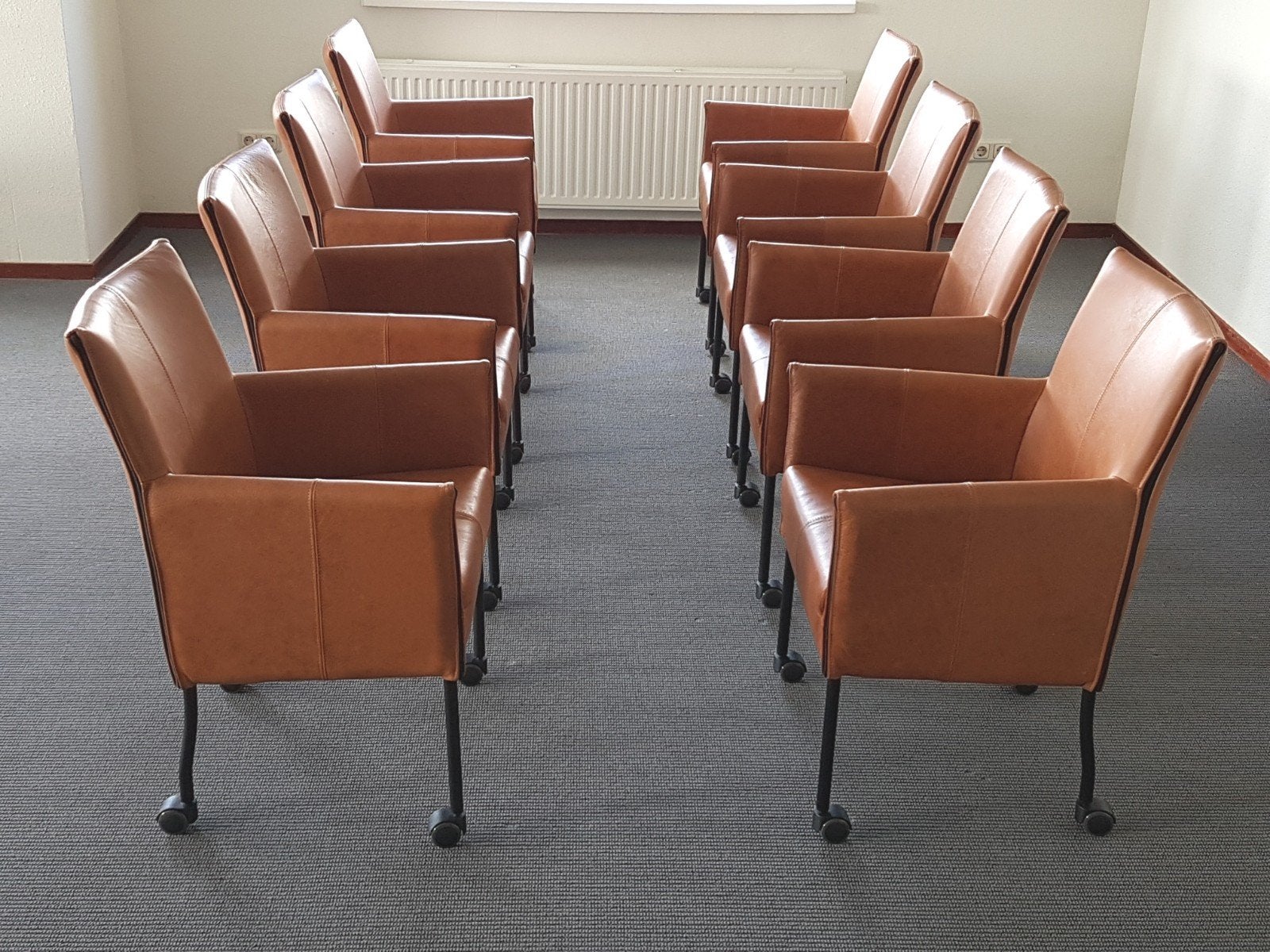 Opruiming Design eetkamerstoelen in cognac leer weg is weg, Nieuw, Ophalen of Verzenden, Vijf, Zes of meer stoelen, Leer