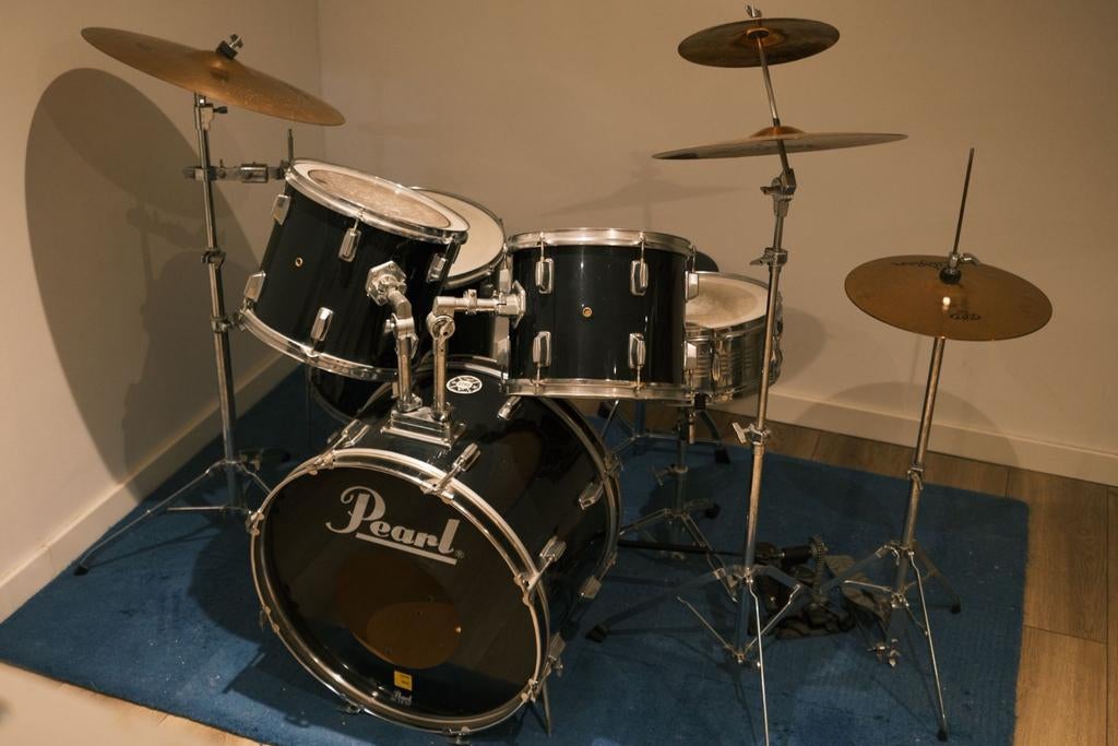 Drumstel Pearl Export EB - Zildjian - Zwart en Chrome, Ophalen, Gebruikt, Pearl