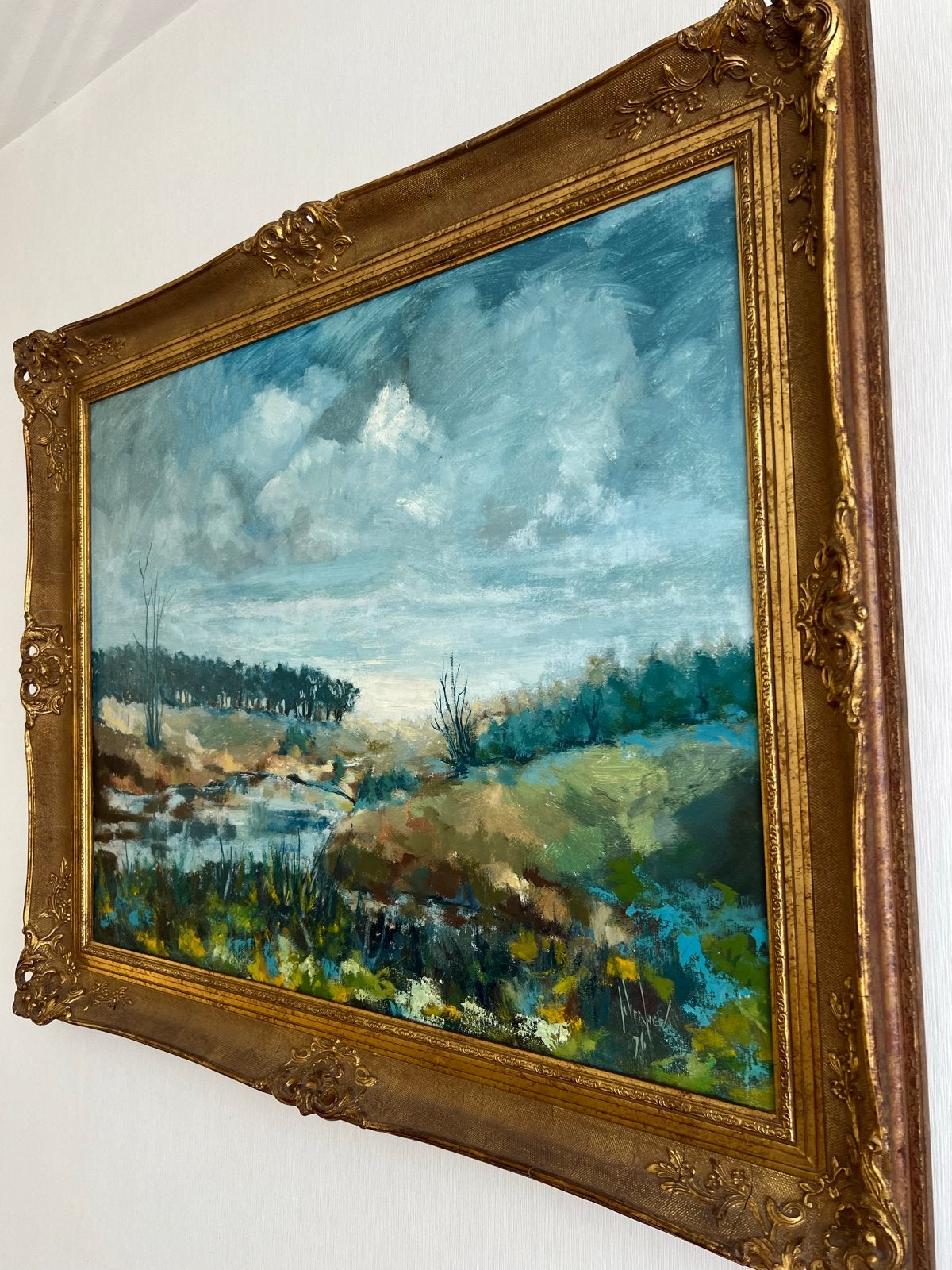 Brocante Schilderij Landschap met Water en Gouden Lijst, Ophalen
