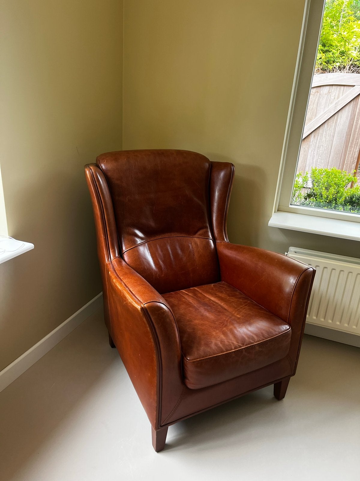 Leren fauteuil - Cognac kleurig, Ophalen, Gebruikt, Leer, 75 tot 100 cm