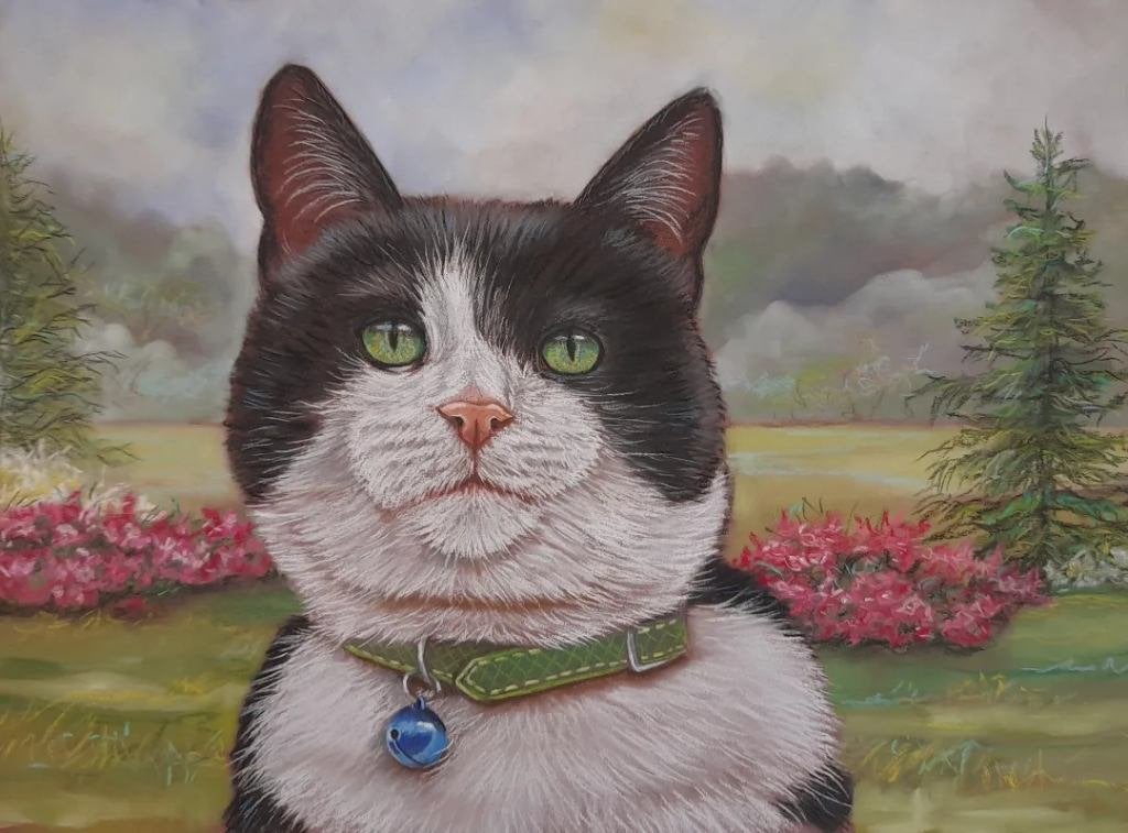 Schilderij kat in tuin - GRATIS VERZENDING  origineel cadeau, Realistisch, Gesigneerd, Dieren, Ophalen of Verzenden