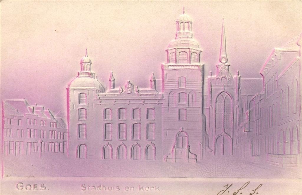 Goes. - Stadhuis en kerk. - structuurkaart - gelopen, Verzenden, Voor 1920, Gelopen, Zeeland