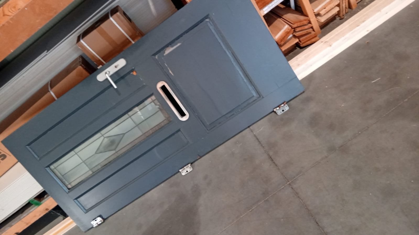 Hardhouten voordeur met glas in lood en brievenbusopening, Ophalen, Gebruikt, 80 tot 100 cm, Buitendeur