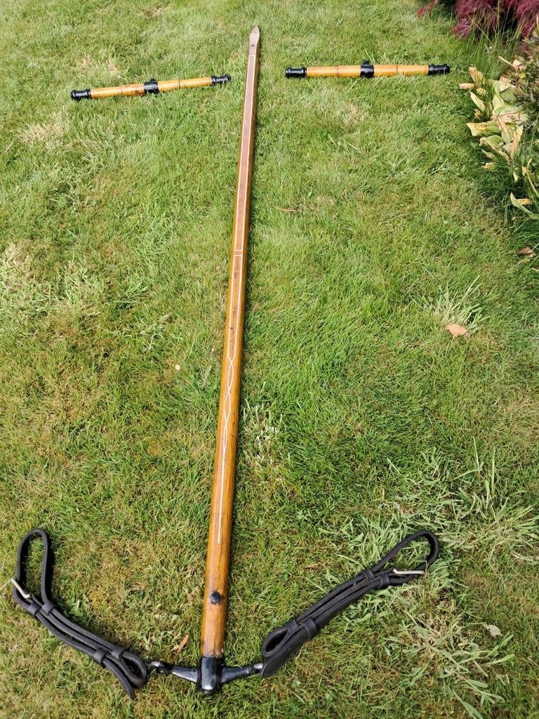 Houten blankgelakte langboom voor rijtuig/koets met zwengen, Gebruikt, Overige typen, Paard