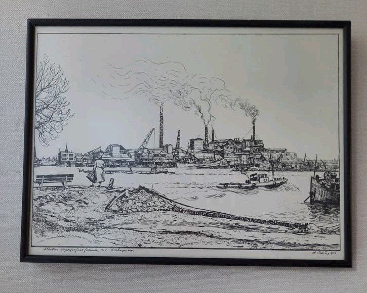 Ets 1956 - Albatros fabrieken N.V. Kralingse Veer. 40x30cm., Gesigneerd, Stadsgezicht, Ophalen of Verzenden, 1950 - 1999