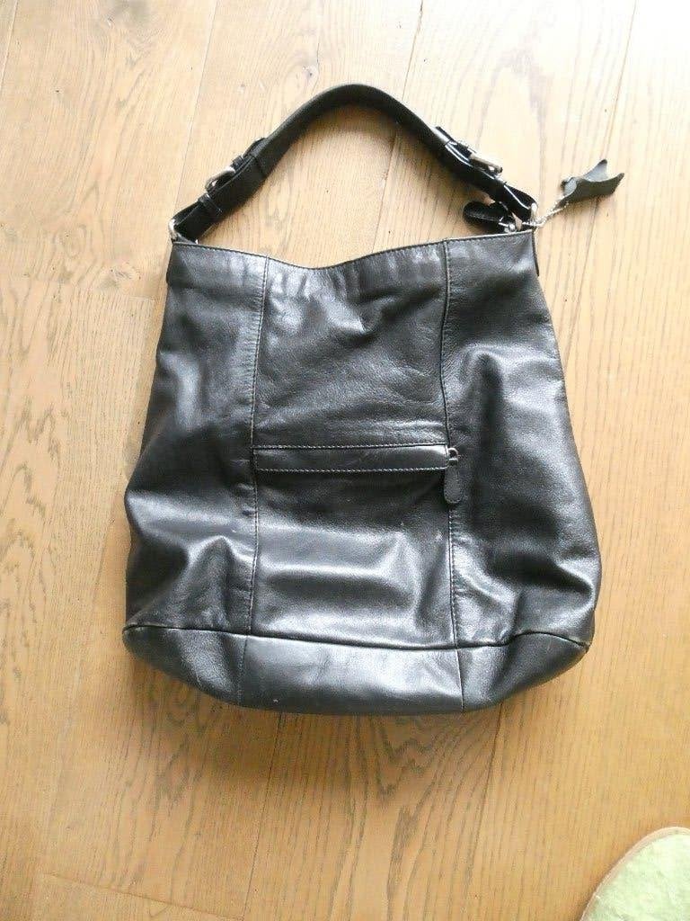 Zwarte leren handtas, ca 34 x 34 cm, van huismerk V&D, Ophalen of Verzenden, Gebruikt, Zwart, Handtas
