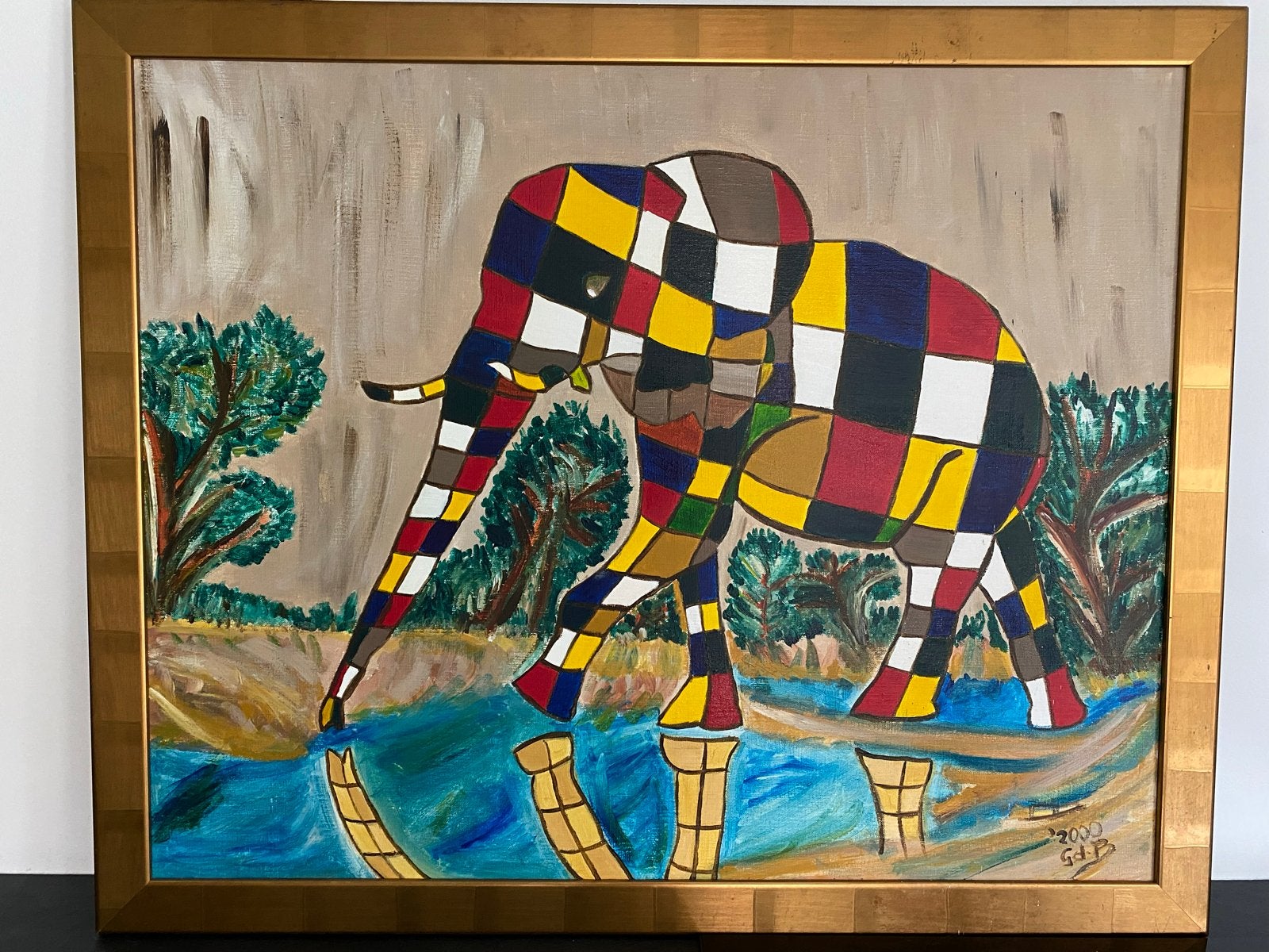 Kleurrijk olifant schilderij in gouden lijst, Mondriaan stij, Ophalen of Verzenden, Olieverf, Overige materialen, Dieren