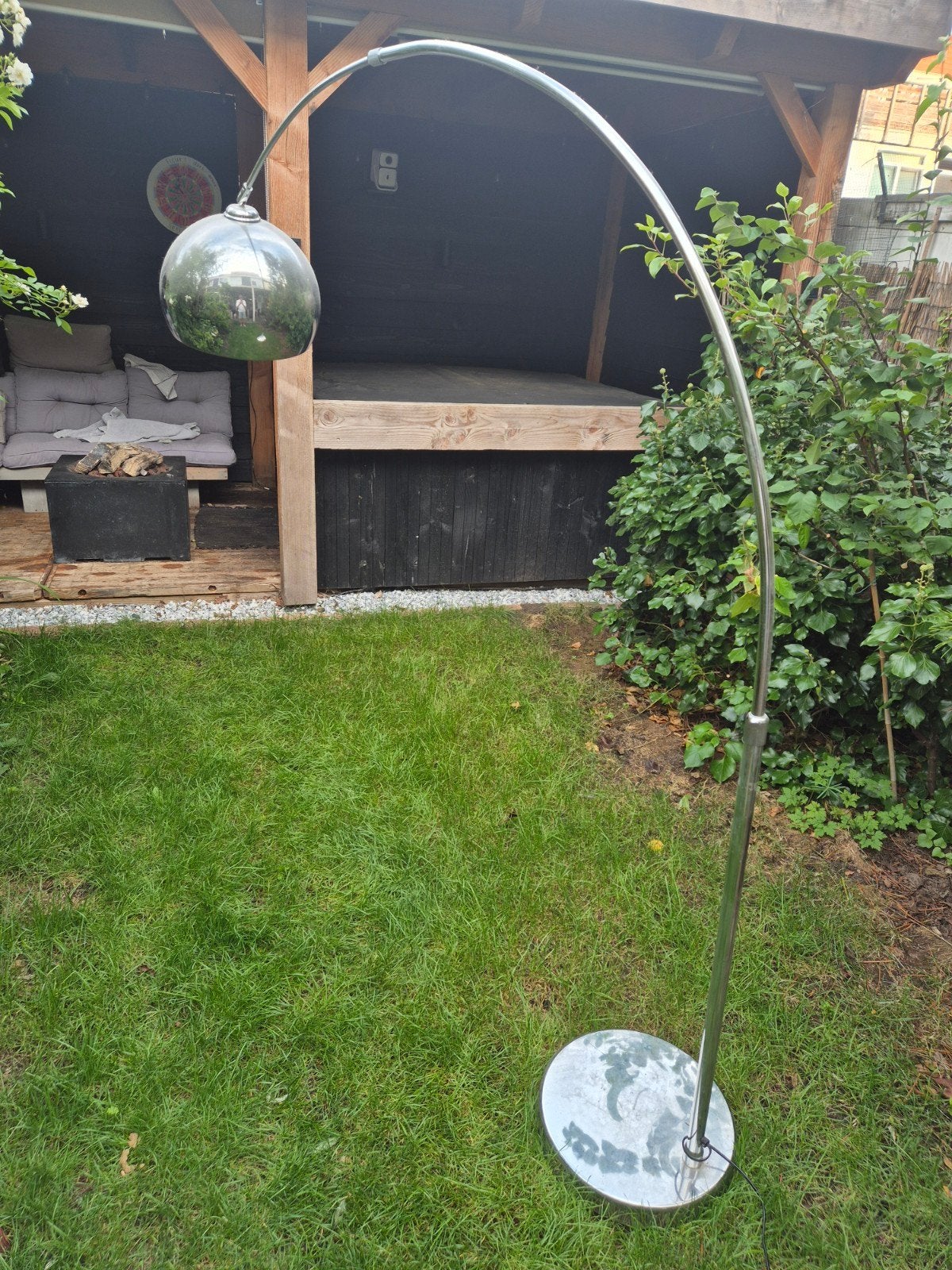 Vintage Booglamp met Chromen Bol - Jaren '70 Design, Ophalen, Gebruikt, 200 cm of meer, E27 (groot)