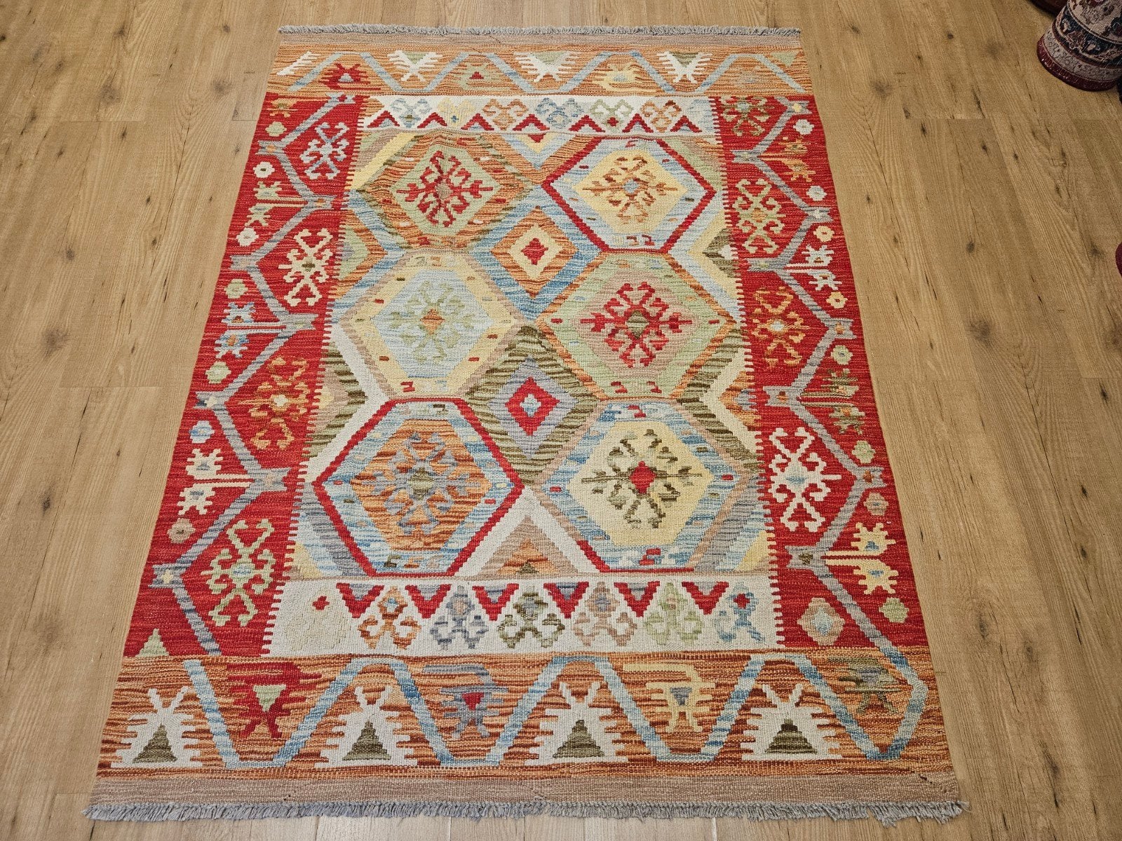 handgeweven oosterse wollen kelim 172x129, Info@SlatsAntiek.nl, Crème, 100 tot 150 cm, Vof Slats Antiek
