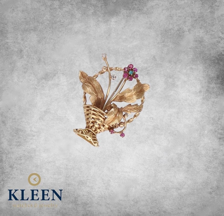Sierlijke Gouden Broche Bloemenmand Robijn en Briljant, Sieraden, Tassen en Uiterlijk, Minder dan 4 cm, Ophalen of Verzenden, Zo goed als nieuw