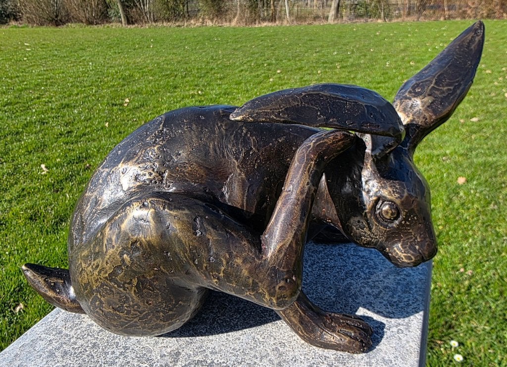 HAAS KRABT AAN OOR / bronzen beeld, Nieuw, Info@huisentuindecoratiemarie.nl, Huis en tuin decoratie marie, Dierenbeeld
