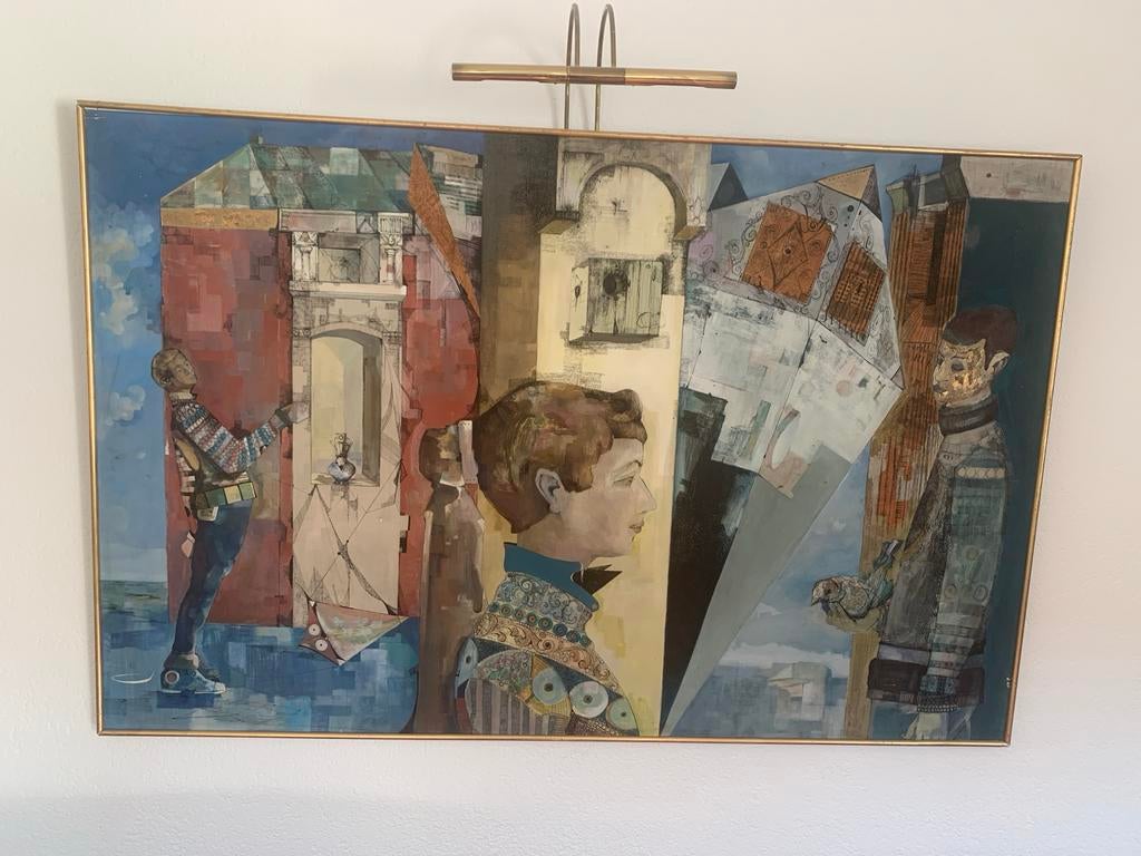 Modern schilderij met figuren en architectuur, Antiek en Kunst, Kunst | Schilderijen | Modern, Ophalen of Verzenden