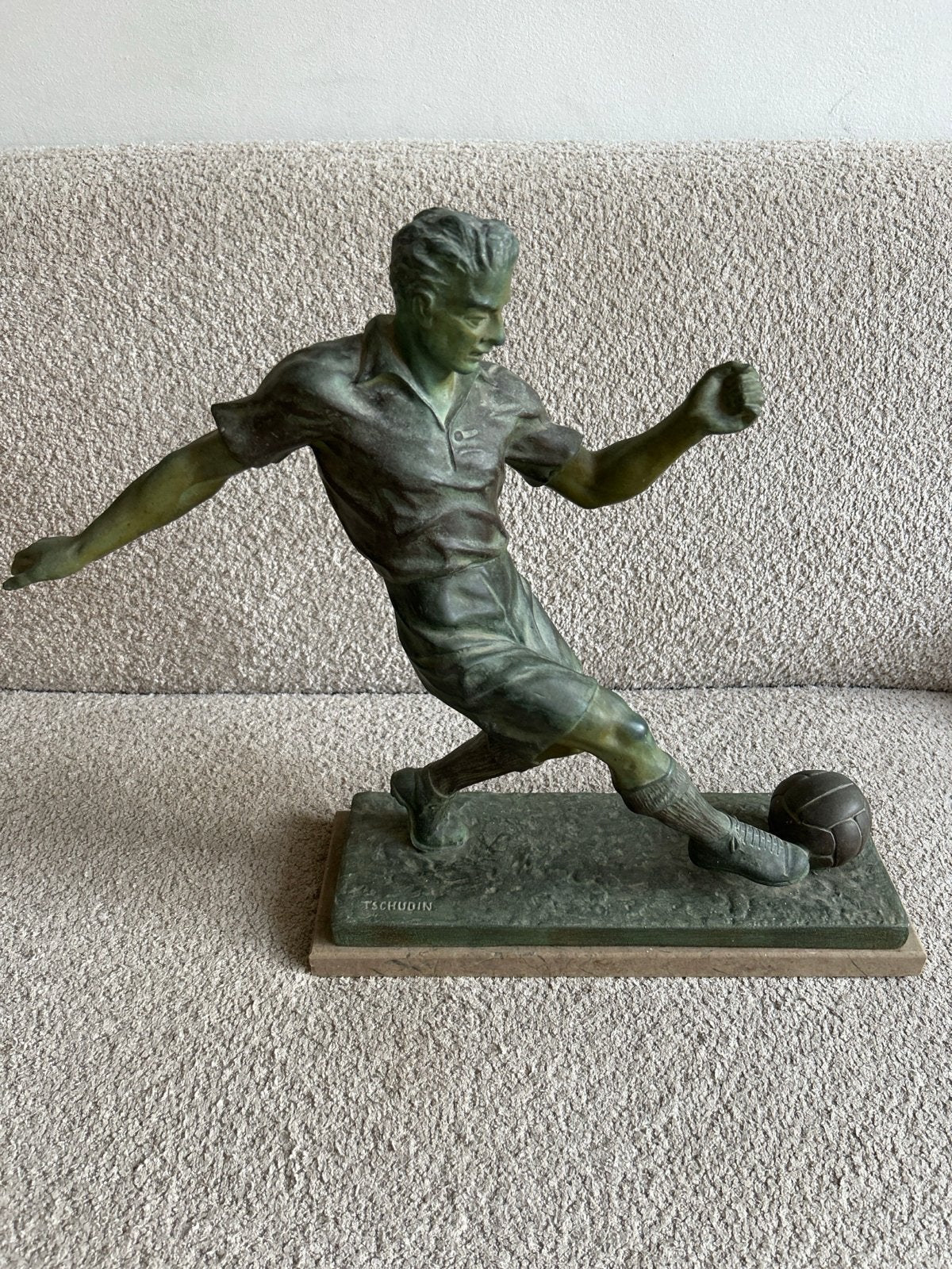 Bronzen Art Deco Voetbalbeeld - Tschudin - Frankrijk, Ophalen, Art deco, Brons, Beeld