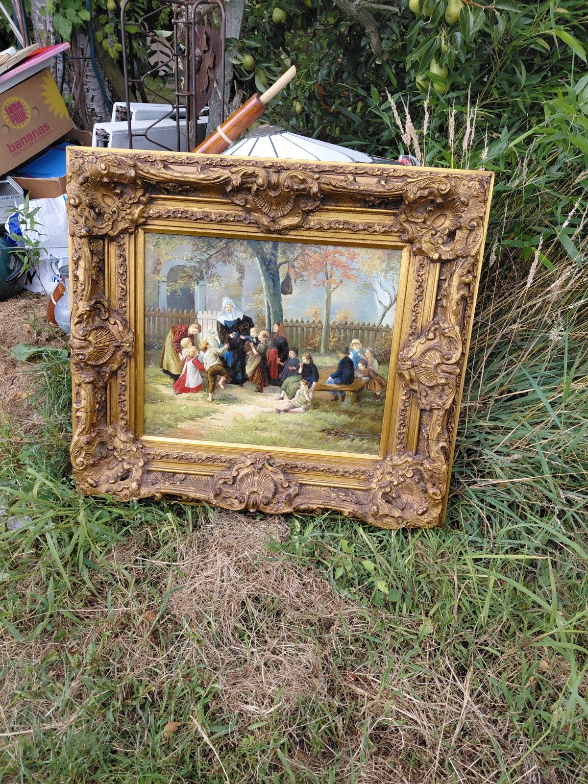 Klassiek olieverfschilderij: Non met kinderen in tuin, Ophalen