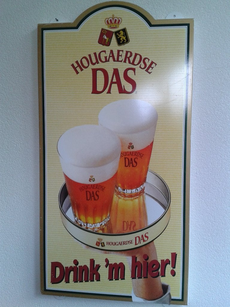 2xMETALEN BORDEN+KRIJTBORD MET SPIEGEL"HOUGAERDSE DAS"90'S, Ophalen of Verzenden, Zo goed als nieuw, Reclamebord
