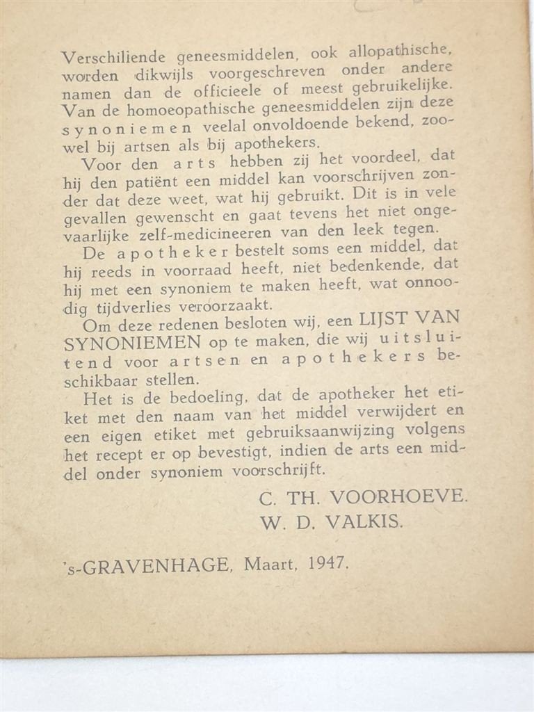 Lijst van Synoniemen — Homeopathische Geneesmiddelen 1947, Ophalen of Verzenden, Gelezen, Overige onderwerpen, Achtergrond en Informatie