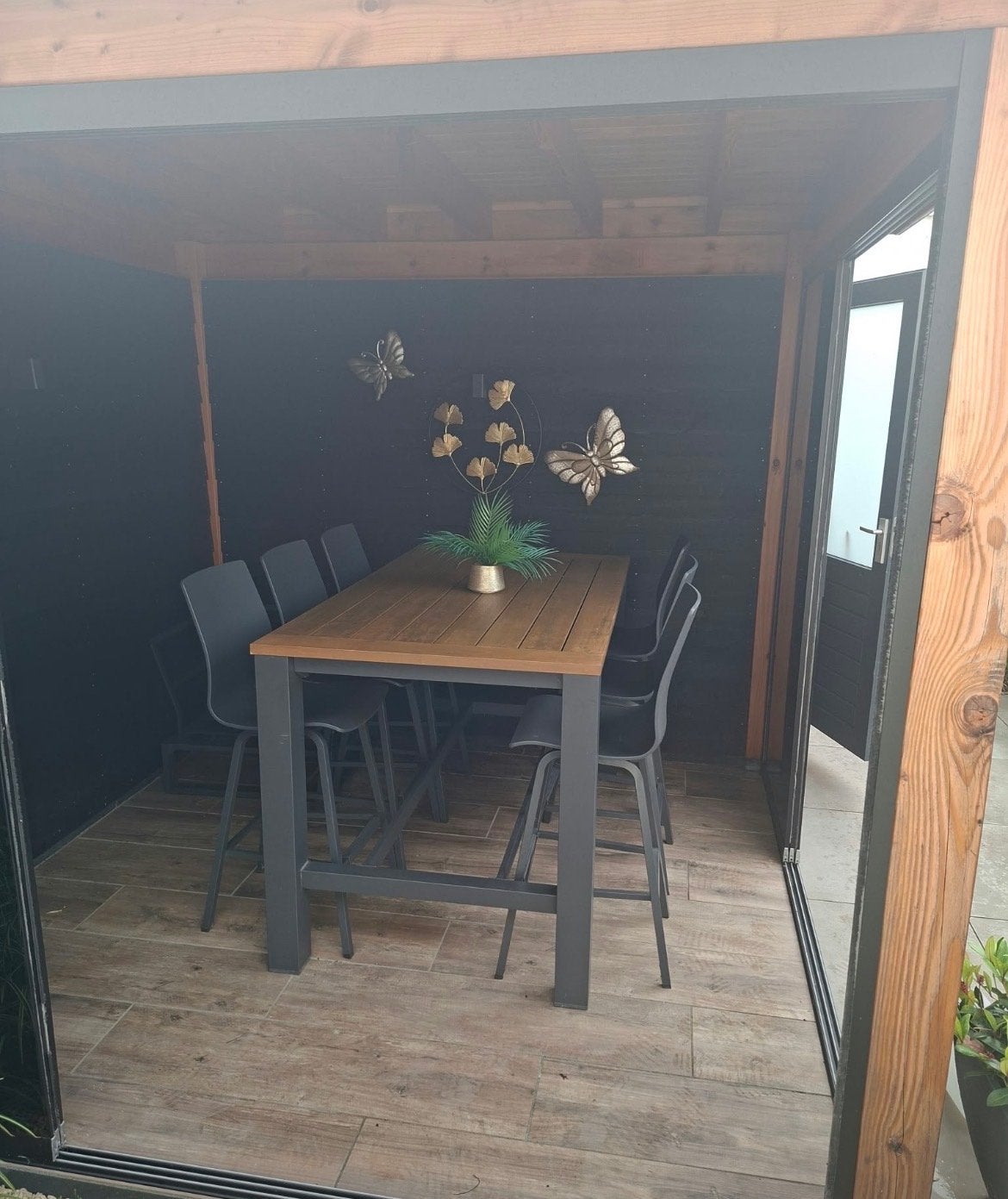 Stijlvolle bartafel met 6 stoelen voor buiten €750, Tuin en Terras, Ophalen, Zo goed als nieuw, Rechthoekig, Metaal