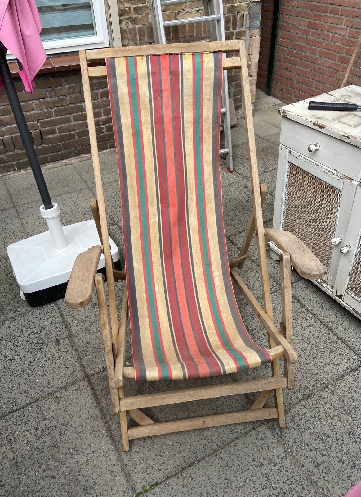 Vintage houten strandstoel / deckchair met gestreepte stof, Ophalen of Verzenden