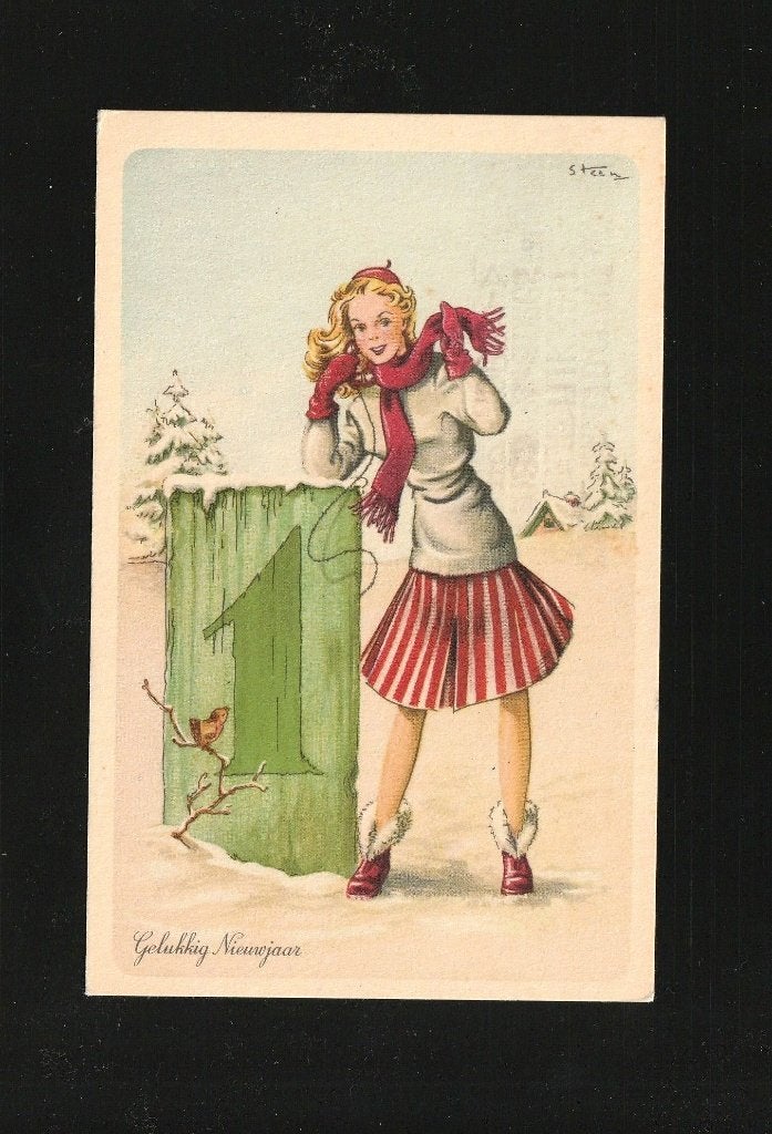 Vrouw in de winter iillu Pax Steen BB1-25, Verzamelen, Ophalen of Verzenden, 1940 tot 1960, Gelopen, Overige thema's
