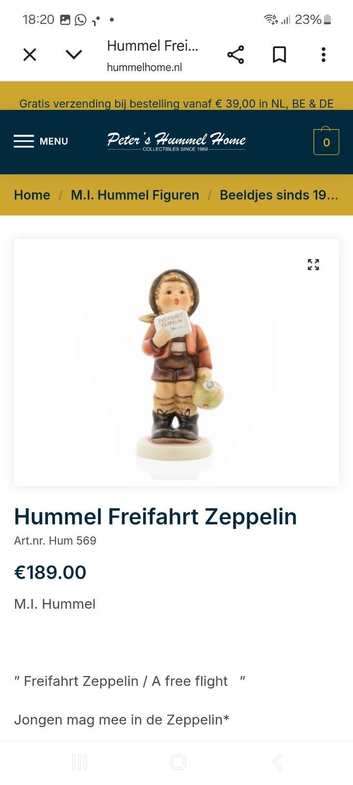 Hummel beeldje "Freifahrt Zeppelin" - Jongen met Zeppelin, Verzamelen, Ophalen of Verzenden, Zo goed als nieuw, Hummel