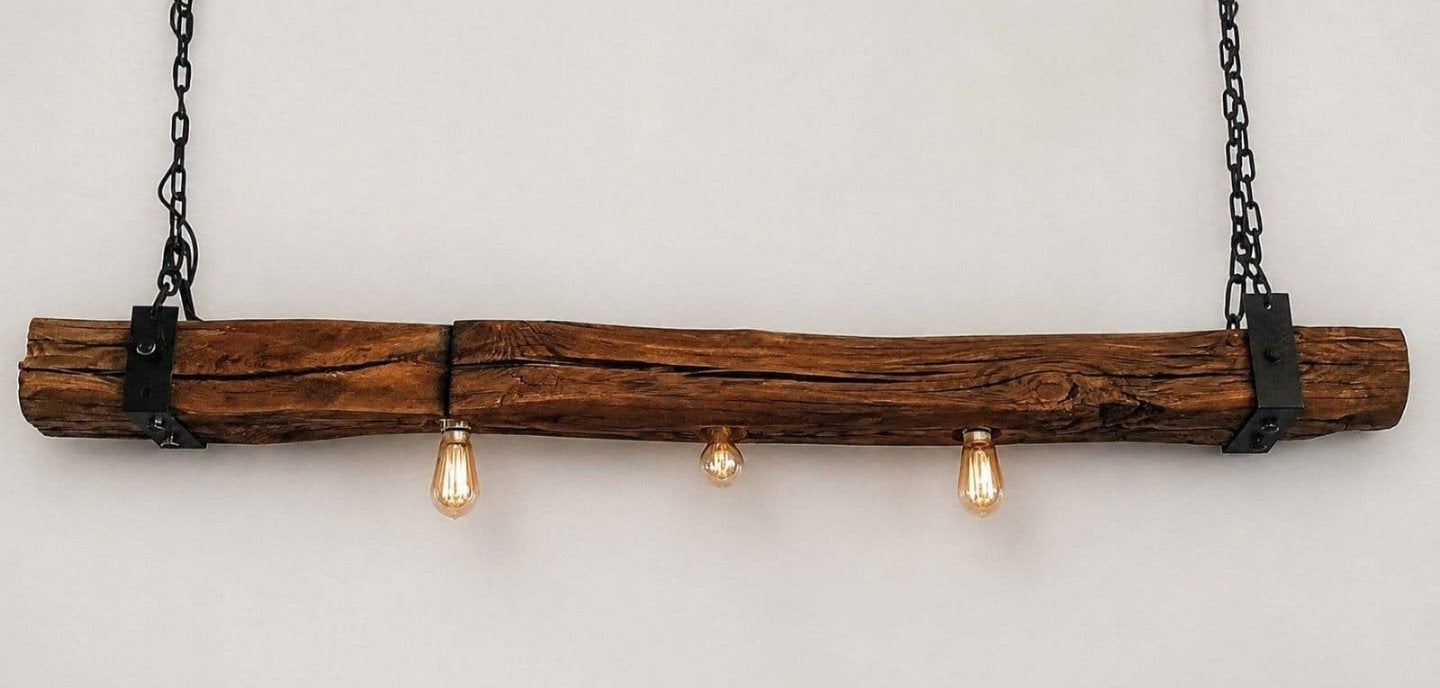 Rustieke eiken Houten gebint hanglamp met Edison lampen, Huis en Inrichting, Lampen | Hanglampen, Industrieel, Landelijk, Vintage