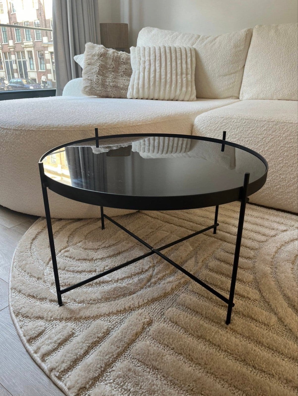 Cupid Bijzettafel L Zwart metaal glas salontafel Loods5, Ophalen of Verzenden, Zo goed als nieuw, Rond, Glas