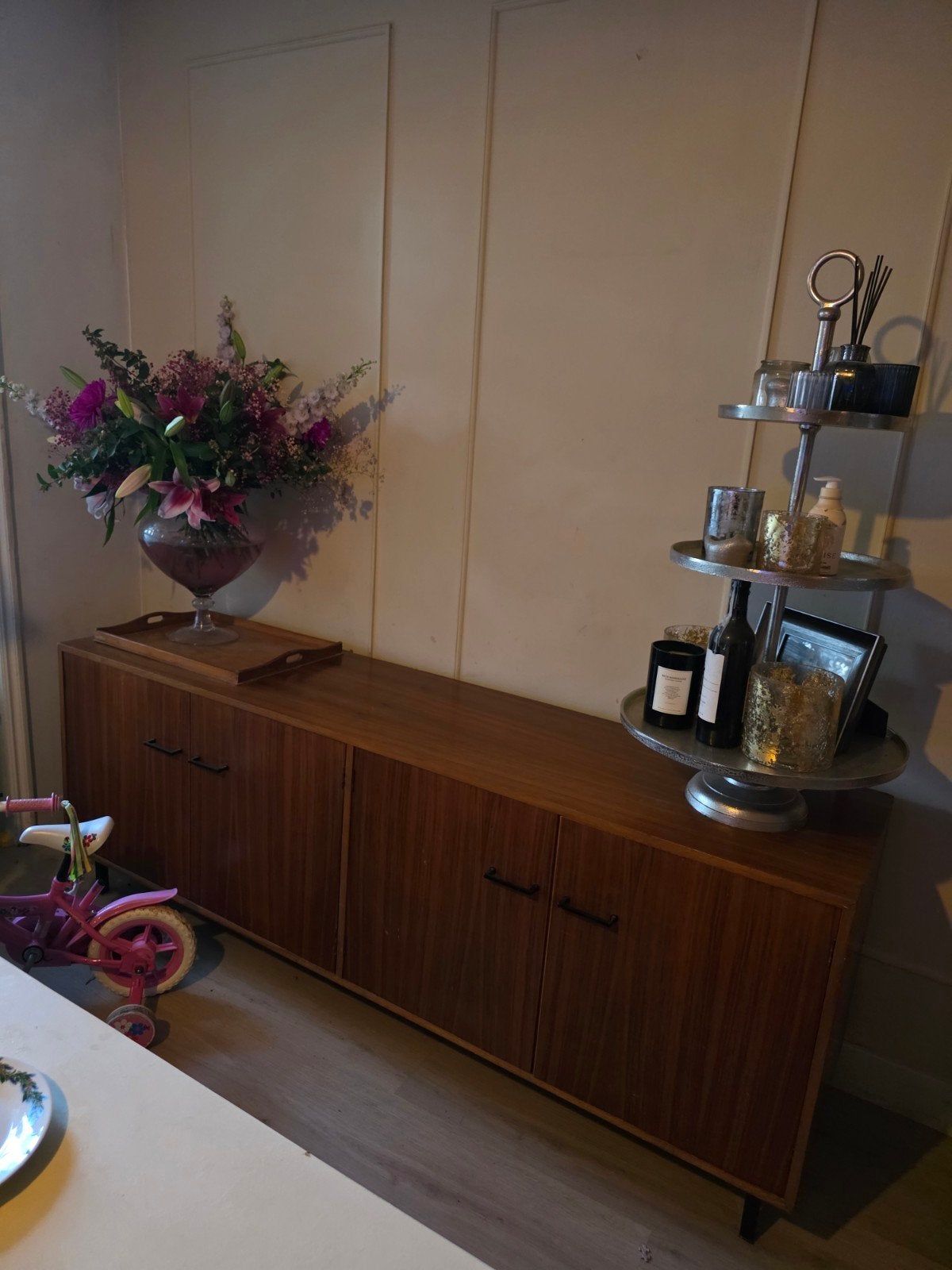 Vintage dressoir / sideboard jaren '60/'70 – teakhout look, Ophalen, Gebruikt, Met deur(en), 200 cm of meer