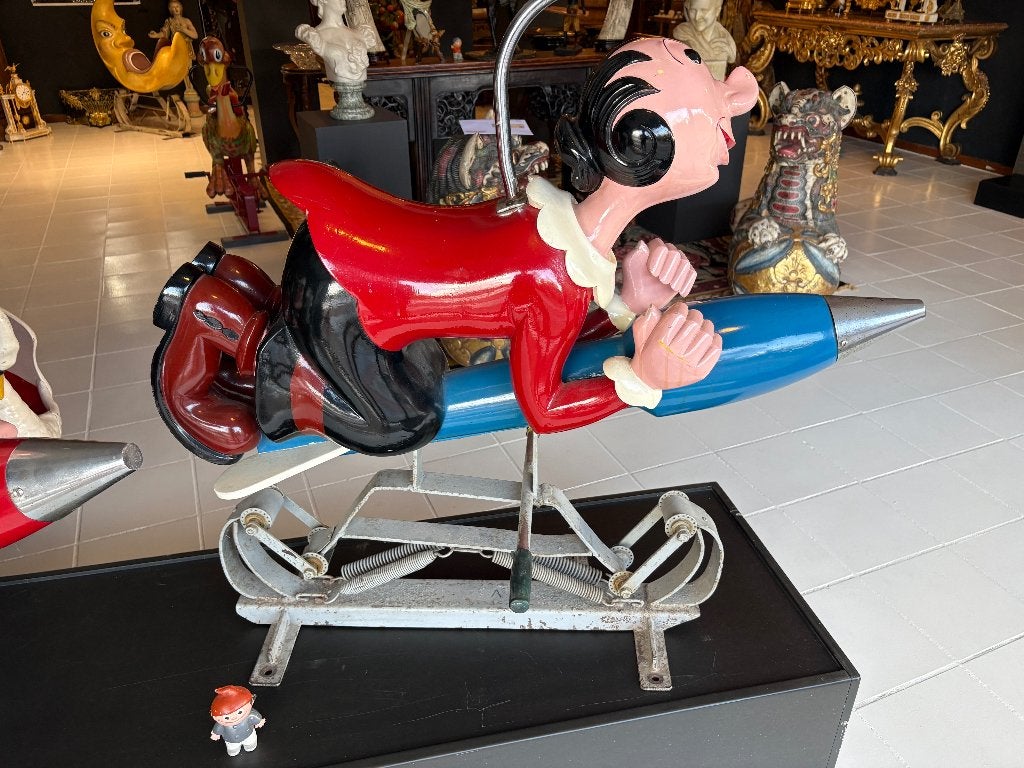 Vintage kermisattractie-figuren –Popeye & Olive Oyl op raket, Ophalen, Overige onderwerpen, Houtsnijwerk, Handgemaakt