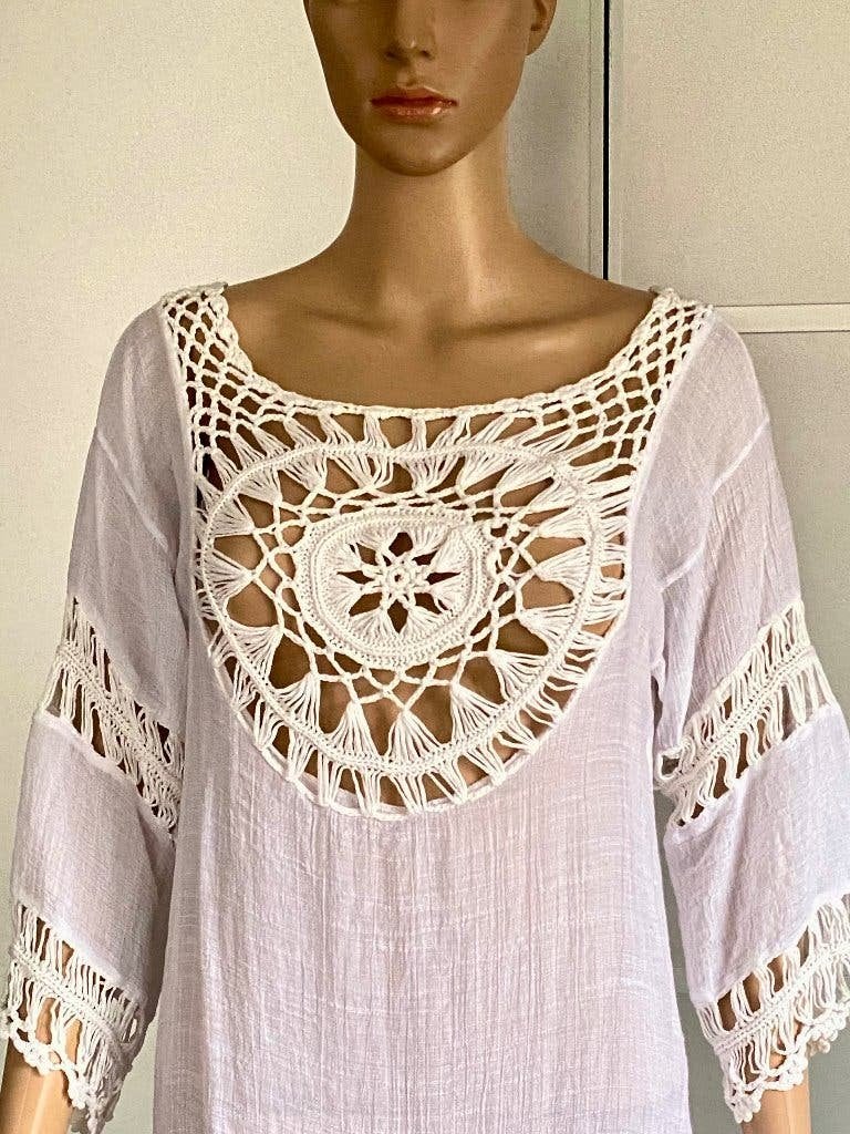 K246 Ibiza blouse maat 40/42=M/L tuniek wit, Ophalen of Verzenden, Zo goed als nieuw, Maat 38/40 (M), Wit