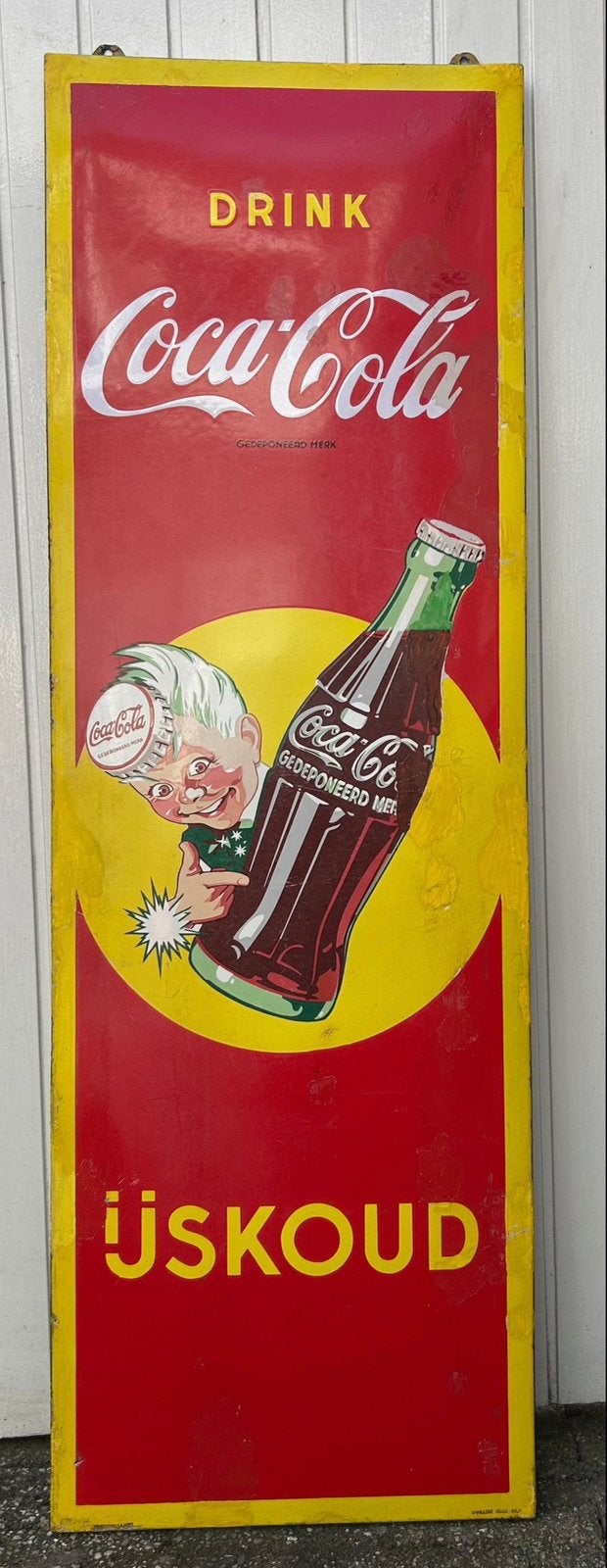 Oud groot Emaille Reclamebord “COCA-COLA” met “Spriteboy”, Ophalen, Gebruikt, Reclamebord