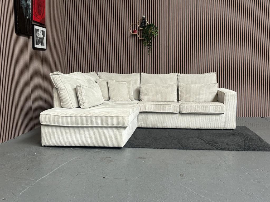 GRATIS LEVERING Ribstof Hoekbank Crème 265x250 GEREINIGD