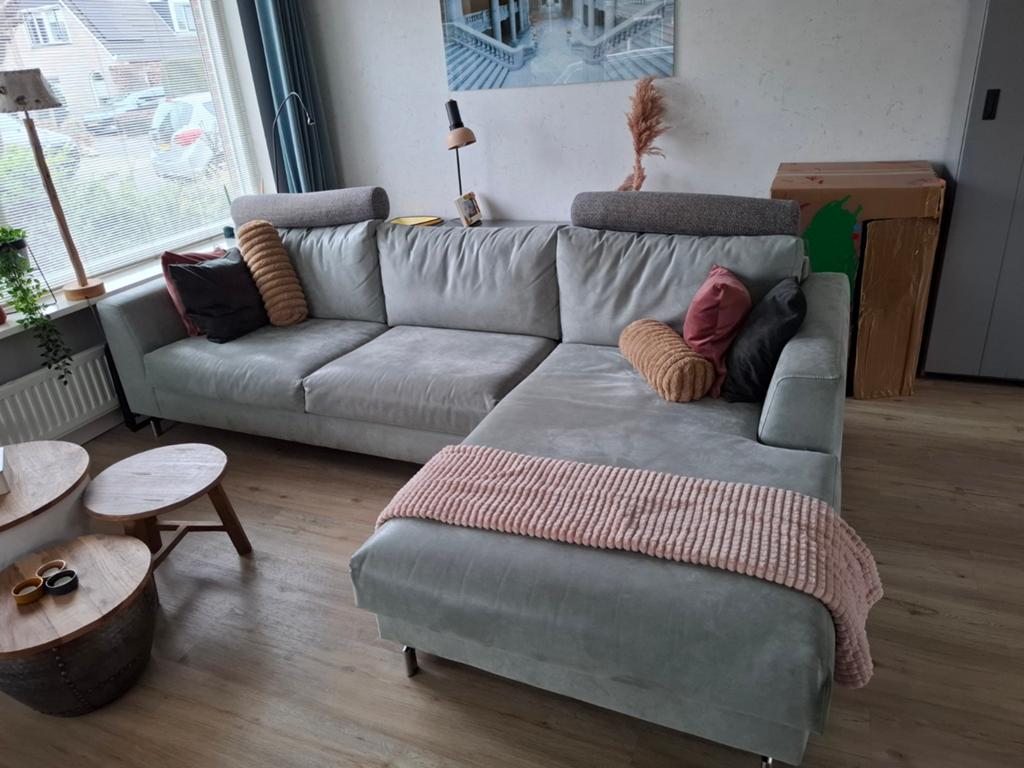 Hoekbank met hocker/chaise lounge - Groen/grijs, Ophalen, Overige materialen, 250 tot 300 cm, Gebruikt