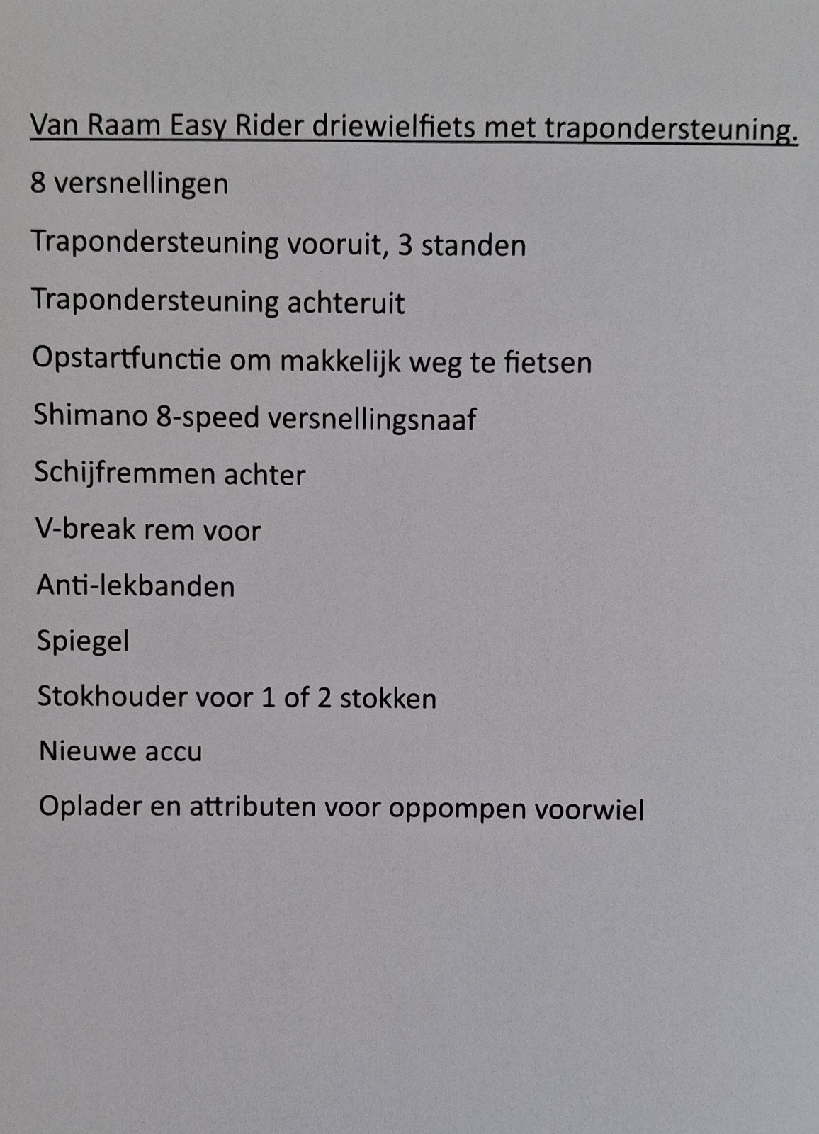 Van Raam Easy Rider driewieler met trapondersteuning, Ophalen of Verzenden, Zo goed als nieuw, Schijfrem, Van Raam