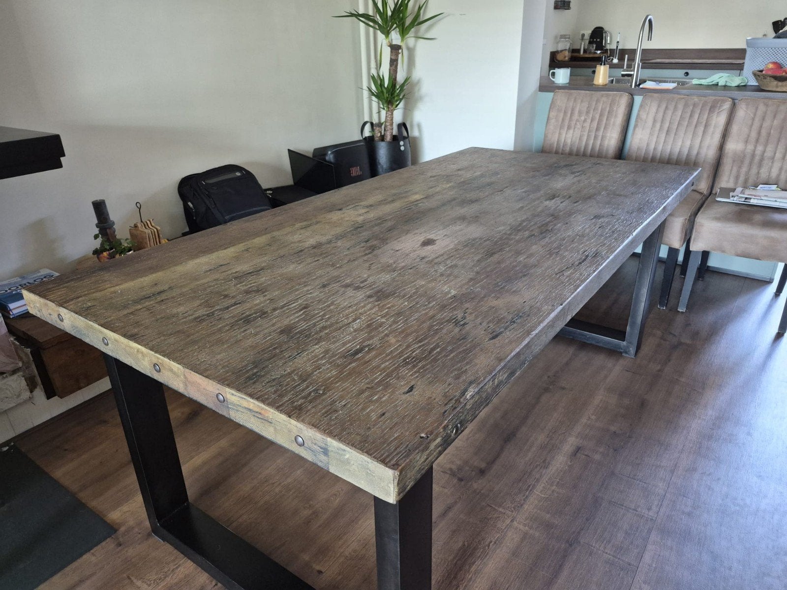 Eettafel railwood 1 x 2 meter, Ophalen, Gebruikt, 200 cm of meer, 50 tot 100 cm