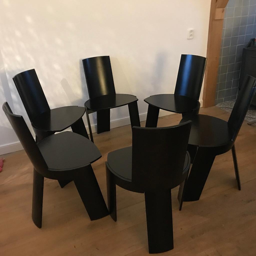 Set 6 minimalistische design stoelen zwart Hub Clerx, Zwart, Ophalen of Verzenden, Zo goed als nieuw, Nvt