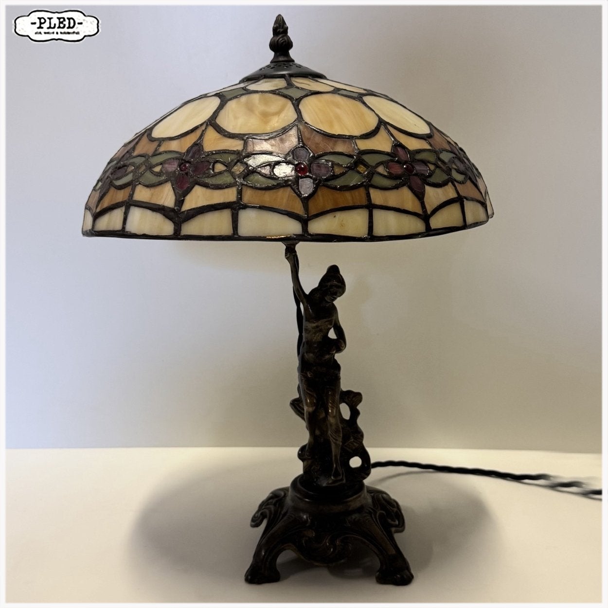 Oude Tiffany stijl tafellamp met Maison Delmas voet Lamp, Ophalen, Gebruikt, Tiffany lamp, E14 (klein)