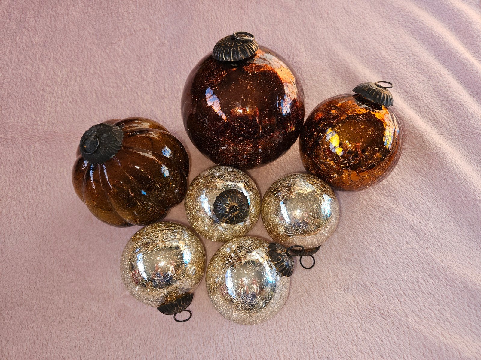 Set van 7 zware glazen cracklé kerstballen., Ophalen of Verzenden, Zo goed als nieuw