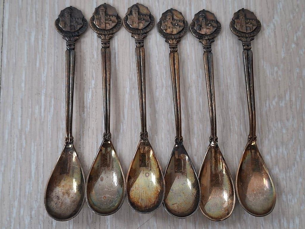 Set van 6 verzilverde theelepels 'Vinkentorentje Maastr.', Gebruikt, Verzilverd, Ophalen of Verzenden, Metaal