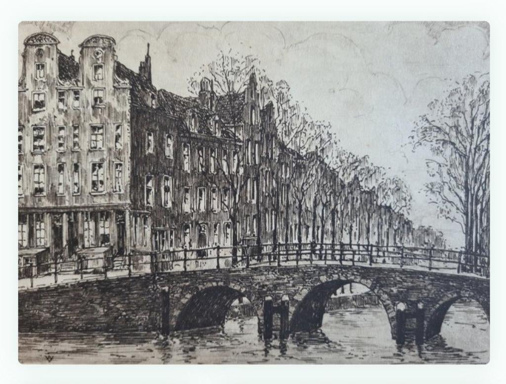 Ets gesigneerd Jan Zwerver - Leidsche Gracht Amsterdam - Ets, Antiek en Kunst, Ophalen of Verzenden